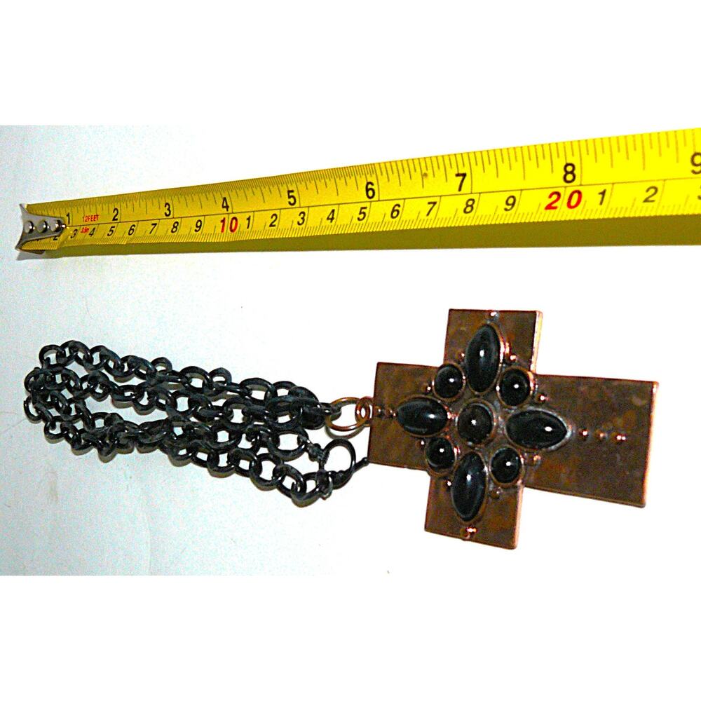Vintage 3" Copper Cross Pendant Black Accents 23" Chain Artisan Brutalist Boho
